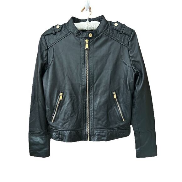 Guess Jackets & Blazers - Guess Women’s Black Leather Moto Quilted Shoulder Gold Zips Biker Jacket Size M